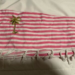 Pink and White Striped Towel with Palm Tree Embroidery